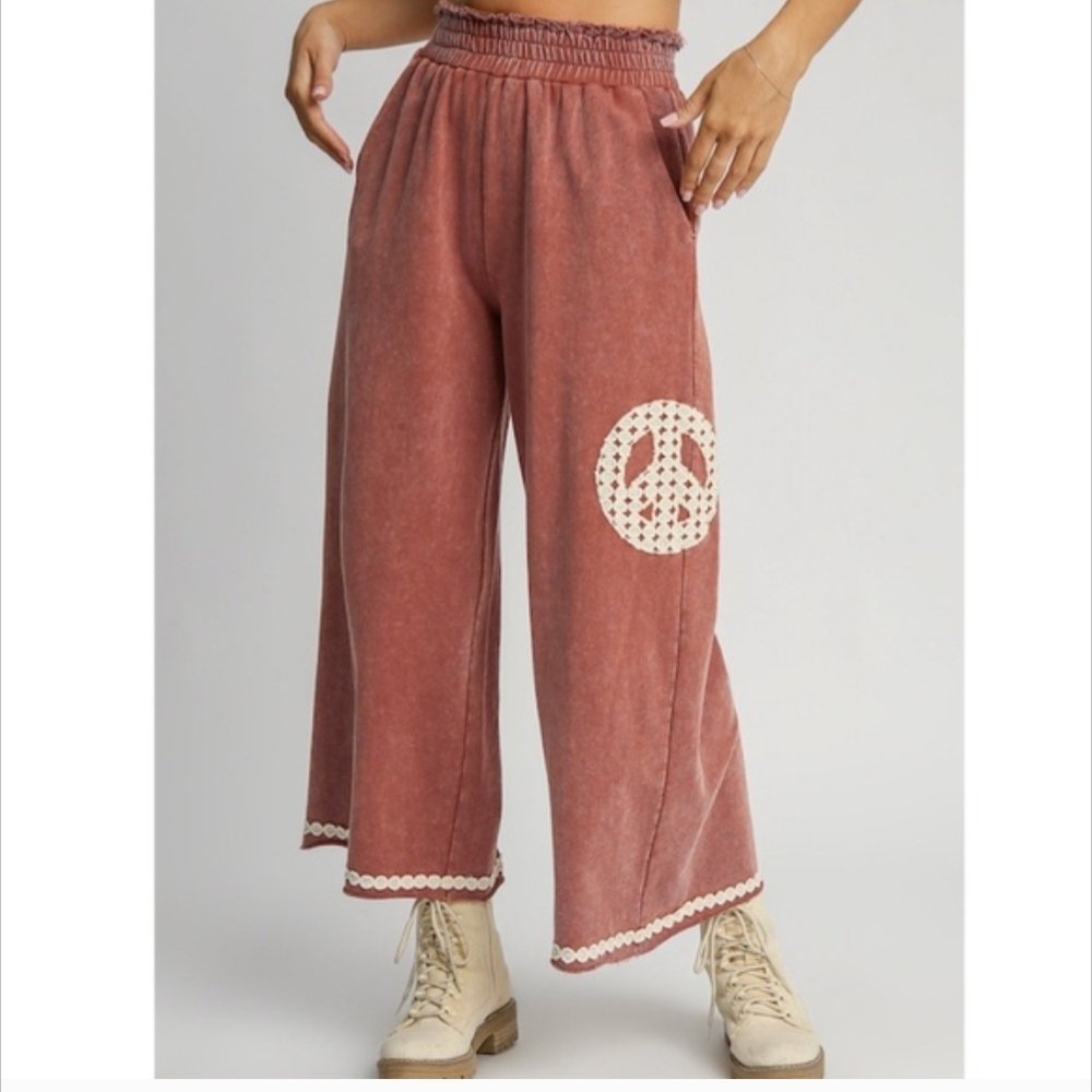 Umgee Classic Wide Leg Peace Sign Pants - Pink